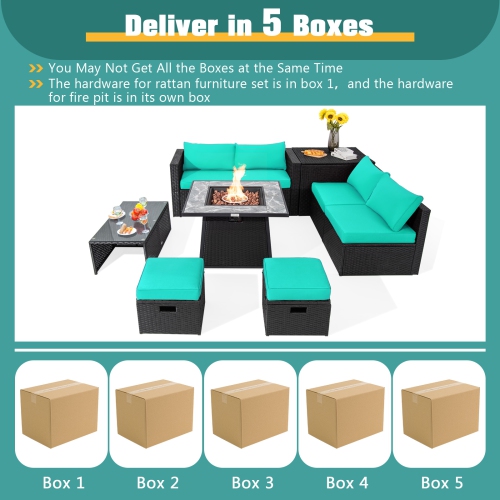 Topbuy 9 Pieces Outdoor PE Rattan Wicker Sectional Sofa with 35-Inch Gas Fire Pit Table Space-Saving Patio Conversation Set with Storage Box
