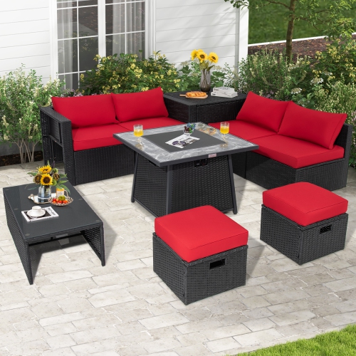 Topbuy 9 Pieces Outdoor PE Rattan Wicker Sectional Sofa with 35-Inch Gas Fire Pit Table Space-Saving Patio Conversation Set with Storage Box