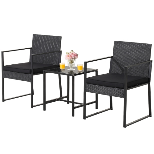 TOPBUY  3 Pieces Patio Furniture Set Hand-Woven Pe Wicker Chairs With Tempered Glass Coffee Table & Soft Cushions In Black