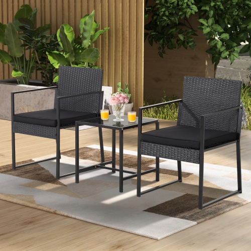 Topbuy 3 Pieces Patio Furniture Set Hand-Woven PE Wicker Chairs with Tempered Glass Coffee Table & Soft Cushions Black