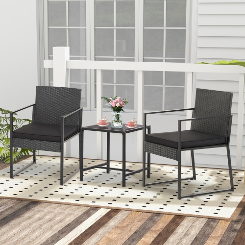 Topbuy 3 Pieces Patio Furniture Set Hand-Woven PE Wicker Chairs with Tempered Glass Coffee Table & Soft Cushions Black