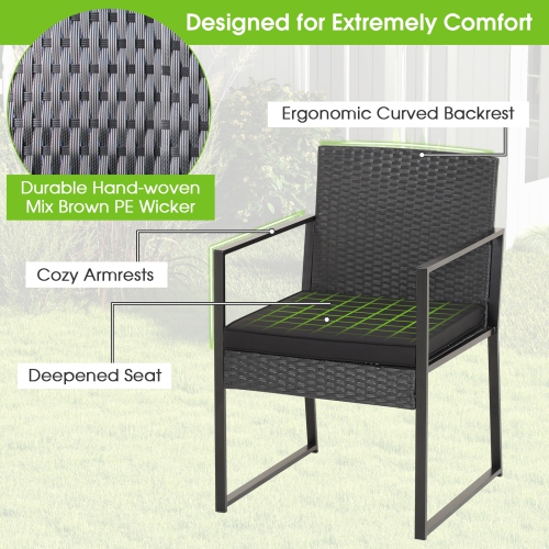 Topbuy 3 Pieces Patio Furniture Set Hand-Woven PE Wicker Chairs with Tempered Glass Coffee Table & Soft Cushions Black