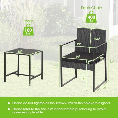 Topbuy 3 Pieces Patio Furniture Set Hand-Woven PE Wicker Chairs with Tempered Glass Coffee Table & Soft Cushions Black