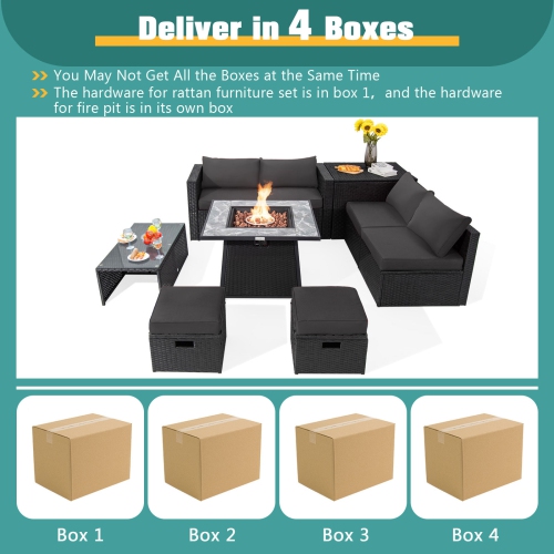 Topbuy 9 Pieces Outdoor PE Rattan Wicker Sectional Sofa with 35-Inch Gas Fire Pit Table Space-Saving Patio Conversation Set with Storage Box