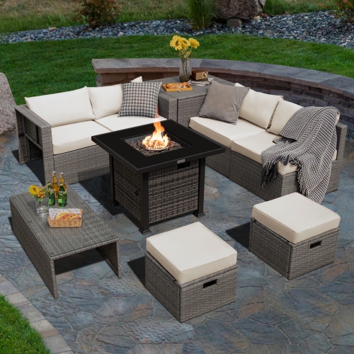 Topbuy 9 Pieces Outdoor Patio Furniture Set with 32-Inch Propane Fire Pit Table Outdoor PE Wicker Space-Saving Sectional Sofa Set with Storage Box