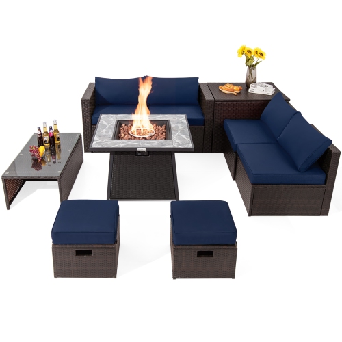 TOPBUY  9 Pieces Outdoor Patio Furniture Set \w 35-Inch Propane Fire Pit Table Outdoor Pe Wicker Space-Saving Sectional Sofa Set \w Storage Box And