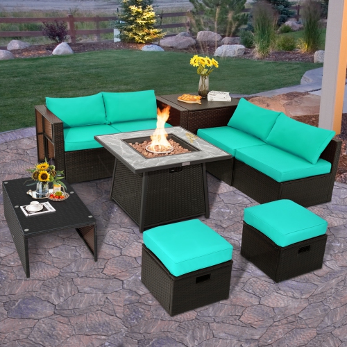 Topbuy 9 Pieces Outdoor Patio Furniture Set with 35-Inch Propane Fire Pit Table Outdoor PE Wicker Space-Saving Sectional Sofa Set with Storage Box