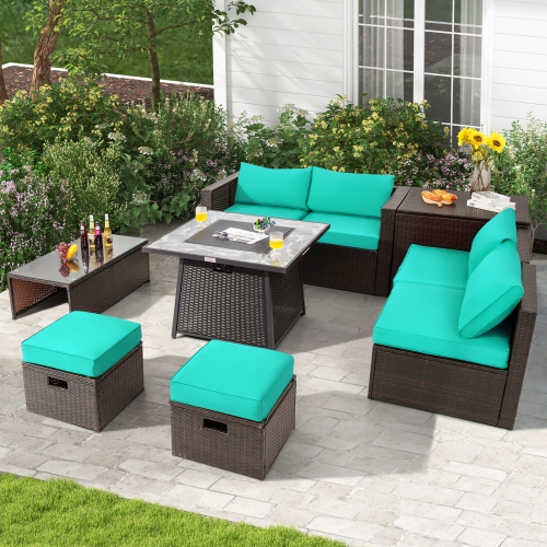 Topbuy 9 Pieces Outdoor Patio Furniture Set with 35-Inch Propane Fire Pit Table Outdoor PE Wicker Space-Saving Sectional Sofa Set with Storage Box