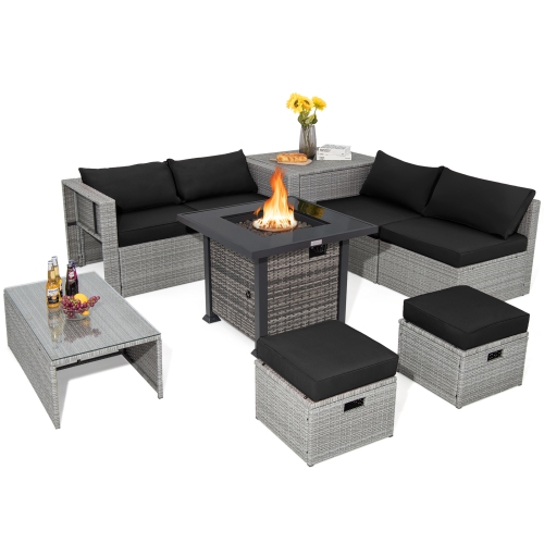 TOPBUY  9 Pieces Outdoor Patio Furniture Set \w 32-Inch Propane Fire Pit Table Outdoor Pe Wicker Space-Saving Sectional Sofa Set \w Storage Box And