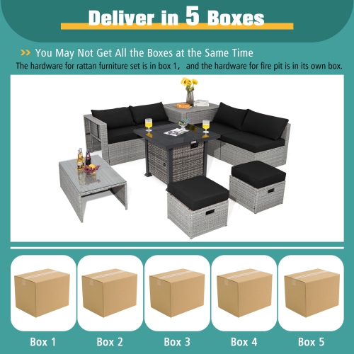 Topbuy 9 Pieces Outdoor Patio Furniture Set with 32-Inch Propane Fire Pit Table Outdoor PE Wicker Space-Saving Sectional Sofa Set with Storage Box