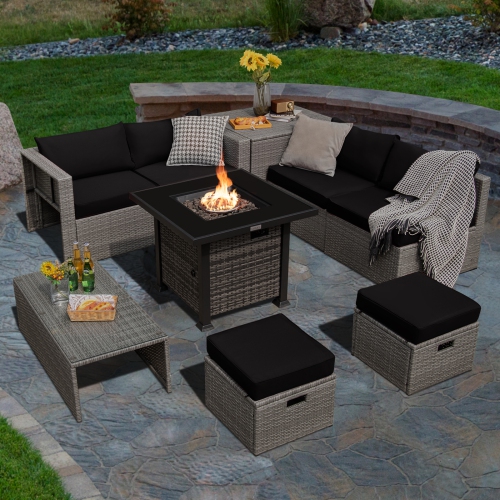 Topbuy 9 Pieces Outdoor Patio Furniture Set with 32-Inch Propane Fire Pit Table Outdoor PE Wicker Space-Saving Sectional Sofa Set with Storage Box