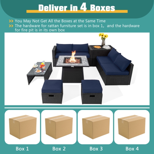 Topbuy 9 Pieces Outdoor PE Rattan Wicker Sectional Sofa with 35-Inch Gas Fire Pit Table Space-Saving Patio Conversation Set with Storage Box