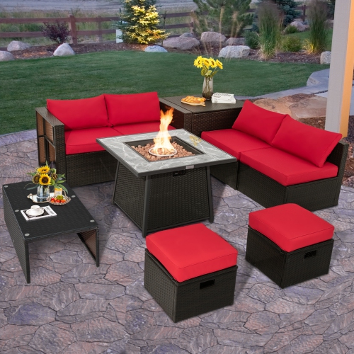 Topbuy 9 Pieces Outdoor Patio Furniture Set with 35-Inch Propane Fire Pit Table Outdoor PE Wicker Space-Saving Sectional Sofa Set with Storage Box