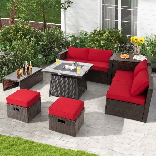 Topbuy 9 Pieces Outdoor Patio Furniture Set with 35-Inch Propane Fire Pit Table Outdoor PE Wicker Space-Saving Sectional Sofa Set with Storage Box