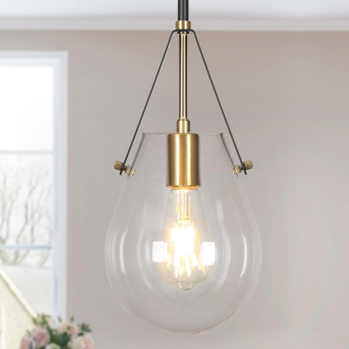 UOLFIN  Modern Industrial Island Pendant Light, 1-Light Farmhouse Hanging Pendant Light With Clear Gourd Glass Shade In Black