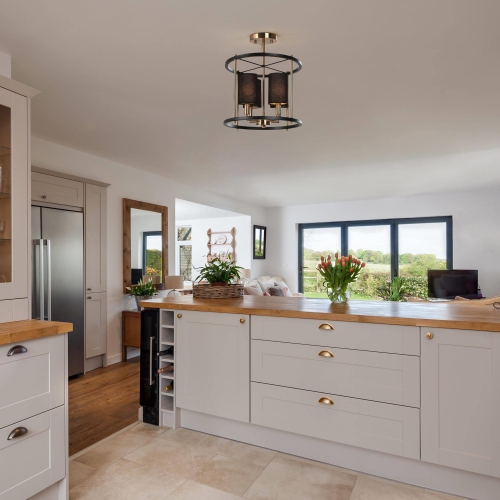 Drum Ceiling Light, 4-Light Modern Black and Brass Cage Semi-Flush Mount Light with Fabric Shades