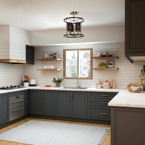 Drum Ceiling Light, 4-Light Modern Black and Brass Cage Semi-Flush Mount Light with Fabric Shades