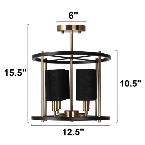 Drum Ceiling Light, 4-Light Modern Black and Brass Cage Semi-Flush Mount Light with Fabric Shades