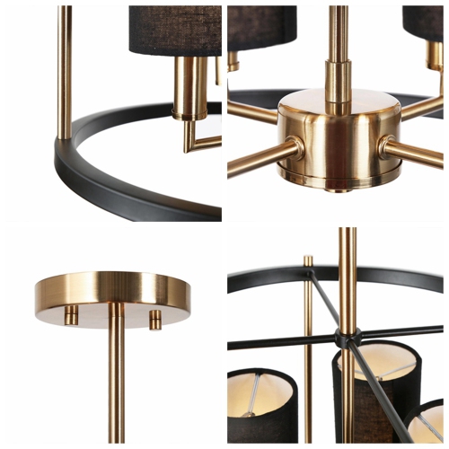 Drum Ceiling Light, 4-Light Modern Black and Brass Cage Semi-Flush Mount Light with Fabric Shades