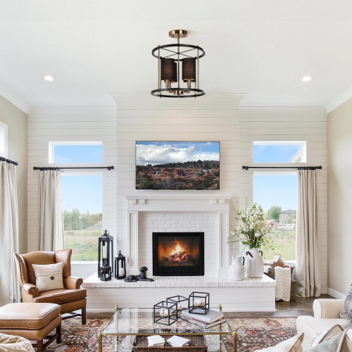 Drum Ceiling Light, 4-Light Modern Black and Brass Cage Semi-Flush Mount Light with Fabric Shades