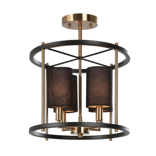 Drum Ceiling Light, 4-Light Modern Black and Brass Cage Semi-Flush Mount Light with Fabric Shades