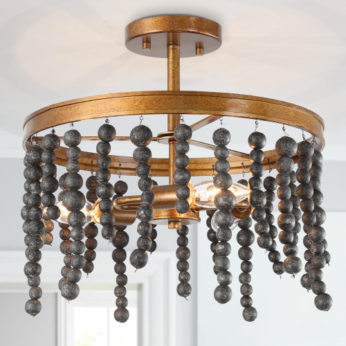 3-Light Modern Black and Gold Round Semi-Flush Mount Light with Wooden Beads