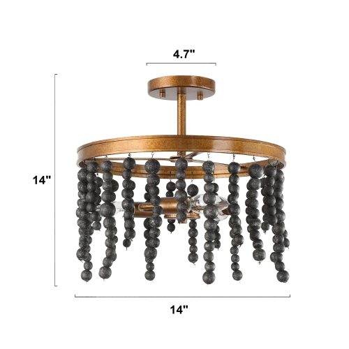 3-Light Modern Black and Gold Round Semi-Flush Mount Light with Wooden Beads