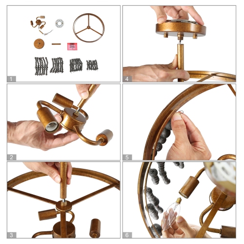 3-Light Modern Black and Gold Round Semi-Flush Mount Light with Wooden Beads