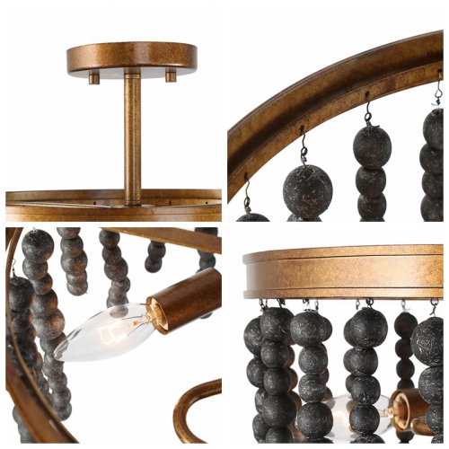 3-Light Modern Black and Gold Round Semi-Flush Mount Light with Wooden Beads