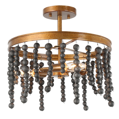 3-Light Modern Black and Gold Round Semi-Flush Mount Light with Wooden Beads
