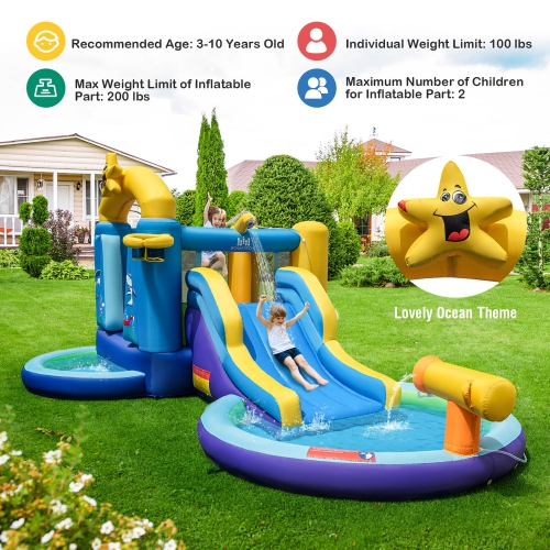 Gymax Kids Inflatable Water Slide Park Bounce Castle w/ 50 Ocean Balls & 735W Blower