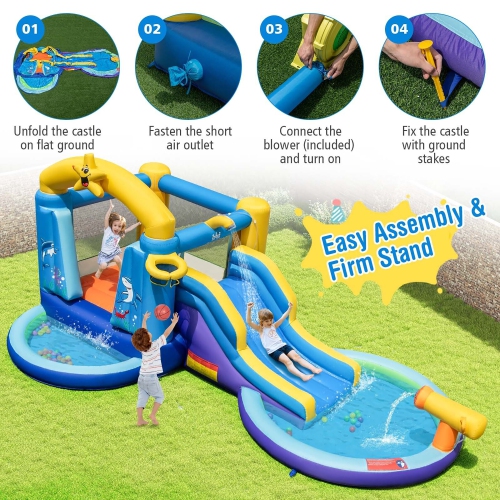 Gymax Kids Inflatable Water Slide Park Bounce Castle w/ 50 Ocean Balls & 735W Blower