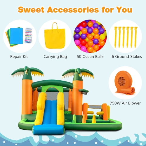Gymax Tropical Inflatable Bounce Castle 8-in-1 Giant Jumping House w/ 750W Blower