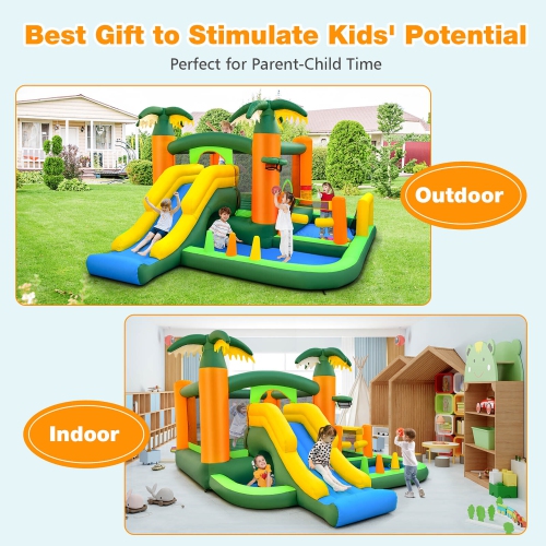 Gymax Tropical Inflatable Bounce Castle 8-in-1 Giant Jumping House w/ 750W Blower
