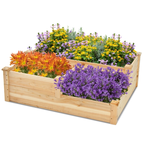 GYMAX  3-Tier Outdoor Raised Garden Bed Fir Wood Elevated Flower Box Backyard
