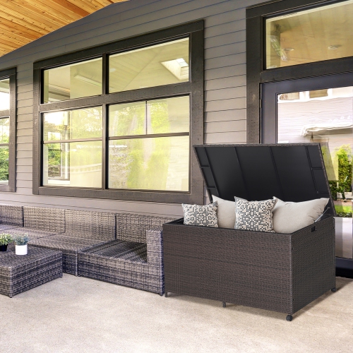 Gymax 133 Gallon Outdoor PE Wicker Storage Box Mix Brown Rattan Deck w/ Waterproof Liner