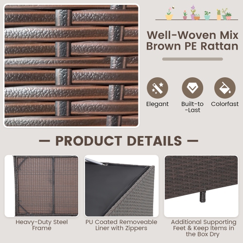 Gymax 133 Gallon Outdoor PE Wicker Storage Box Mix Brown Rattan Deck w/ Waterproof Liner