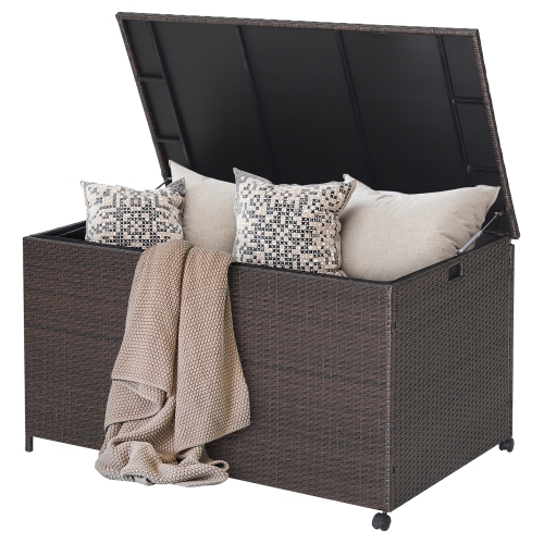 Gymax 133 Gallon Outdoor PE Wicker Storage Box Mix Brown Rattan Deck w/ Waterproof Liner