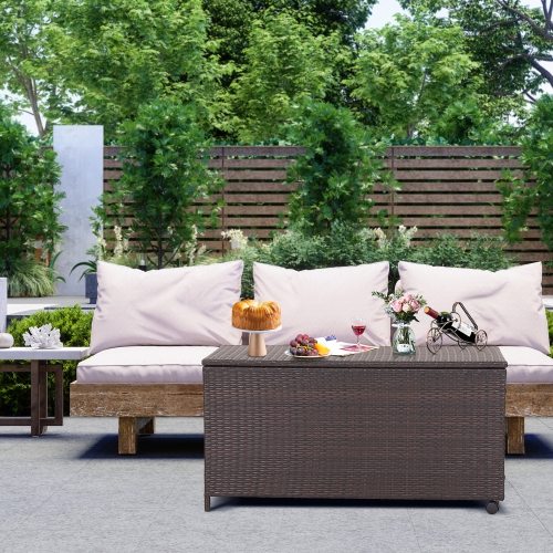 Gymax 50 Gallon Patio PE Wicker Storage Box Rattan Deck Bin w/ Waterproof Liner & Wheels