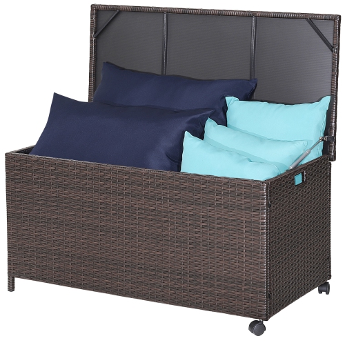 Gymax 50 Gallon Patio PE Wicker Storage Box Rattan Deck Bin w/ Waterproof Liner & Wheels