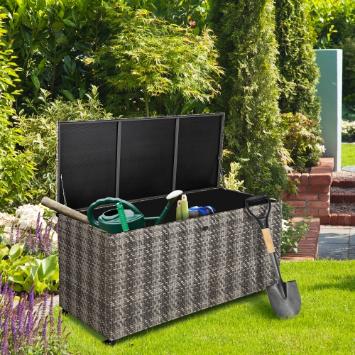 Gymax 2-in-1 PE Wicker Outdoor Storage Box Furniture Deck Box Garden Tools