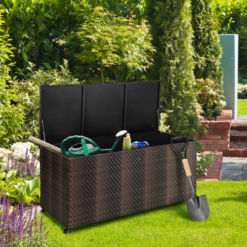 Gymax 2-in-1 PE Wicker Outdoor Storage Box Furniture Deck Box Garden Tools