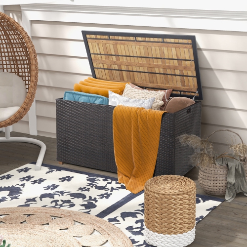 Gymax 134 Gallon Patio Wicker Storage Deck Box w/ Solid Acacia Wood Backyard
