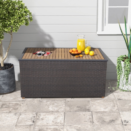 Gymax 134 Gallon Patio Wicker Storage Deck Box w/ Solid Acacia Wood Backyard