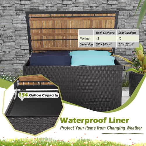 Gymax 134 Gallon Patio Wicker Storage Deck Box w/ Solid Acacia Wood Backyard