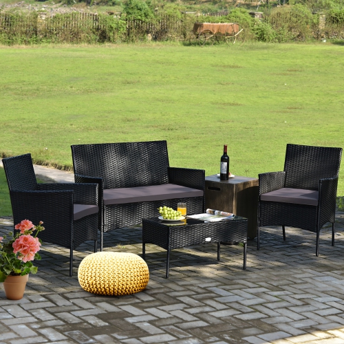 Gymax 8PCS Outdoor Furniture Set Patio Rattan Conversation Set w/ Grey & Off White Cushion