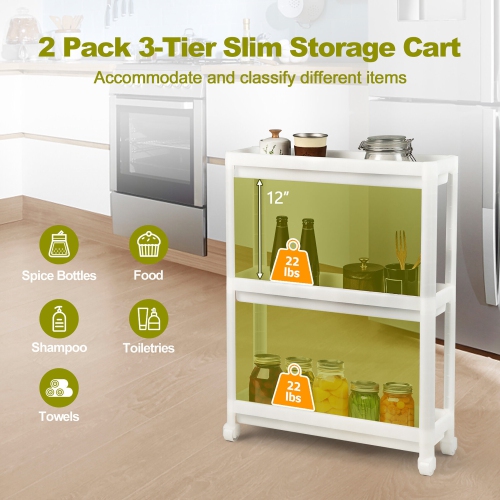 Gymax 2PCS 3 Tier Slim Storage Cart Detachable Kitchen Organizer Rolling Utility Cart