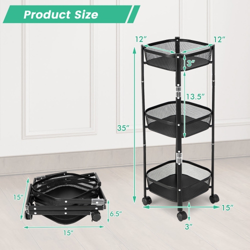 Gymax 3-Tier Rotating 1-Second folding Storage Rack Metal Rolling Utility Cart Square