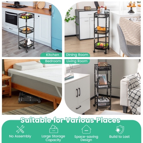 Gymax 3-Tier Rotating 1-Second folding Storage Rack Metal Rolling Utility Cart Square