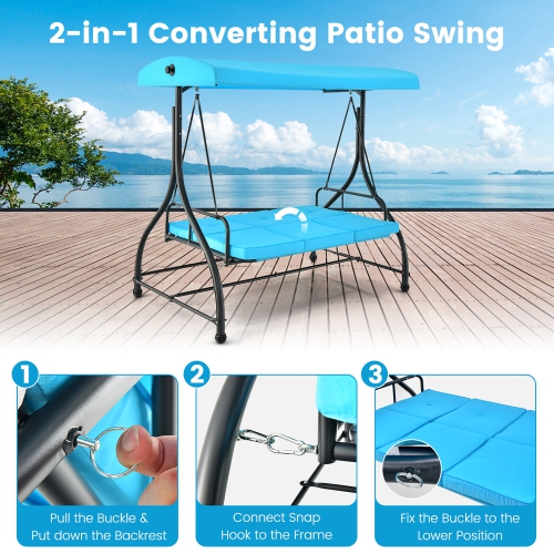 Gymax 3-Seat Outdoor Converting Patio Swing Glider Adjustable Canopy Porch Swing